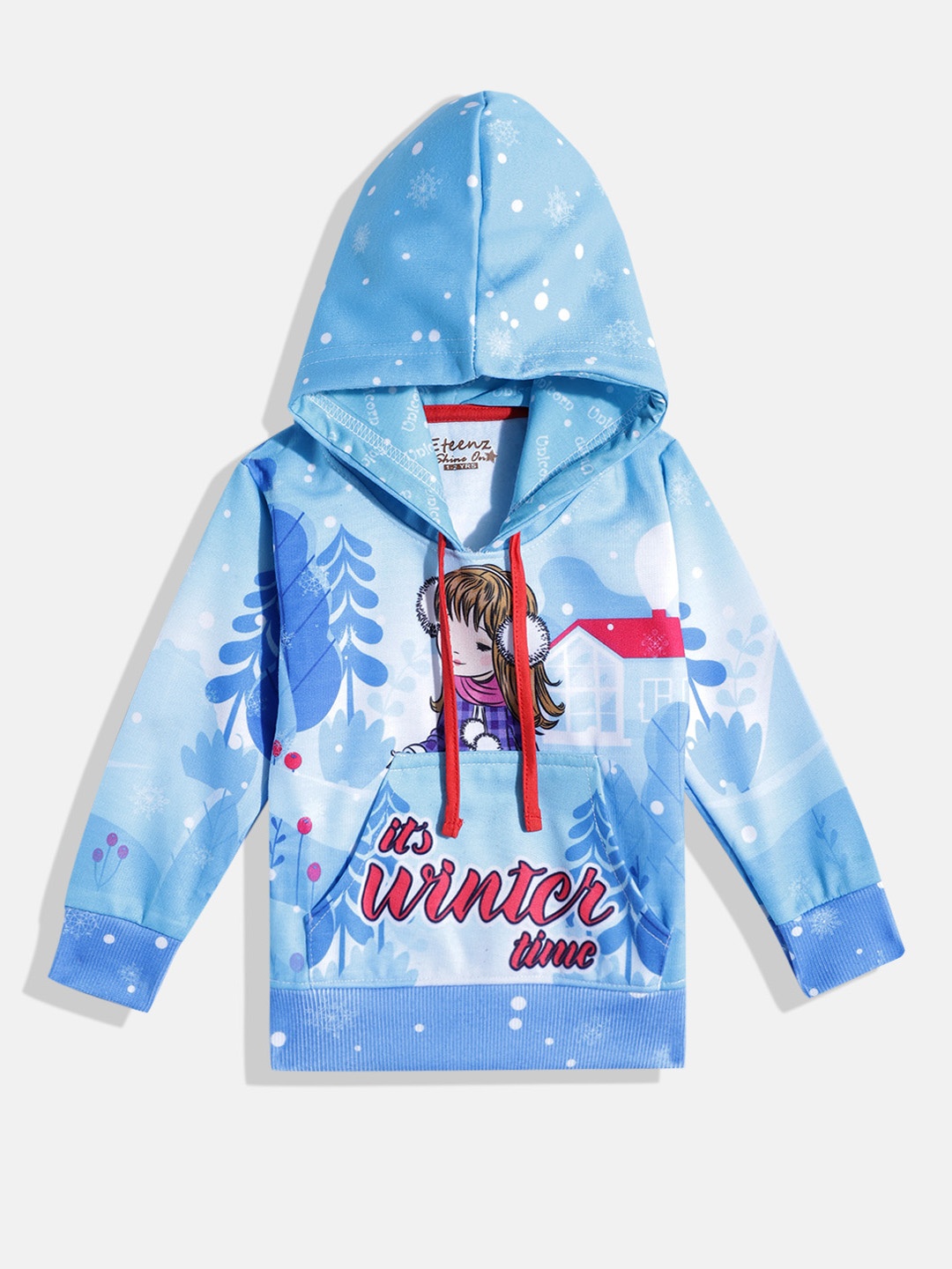 

Eteenz Girls Printed Hooded Sweatshirt, Blue