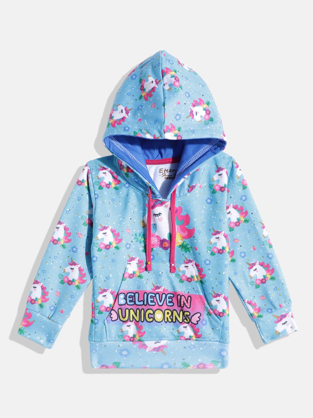 

Eteenz Girls Printed Hooded Cotton Sweatshirt, Turquoise blue