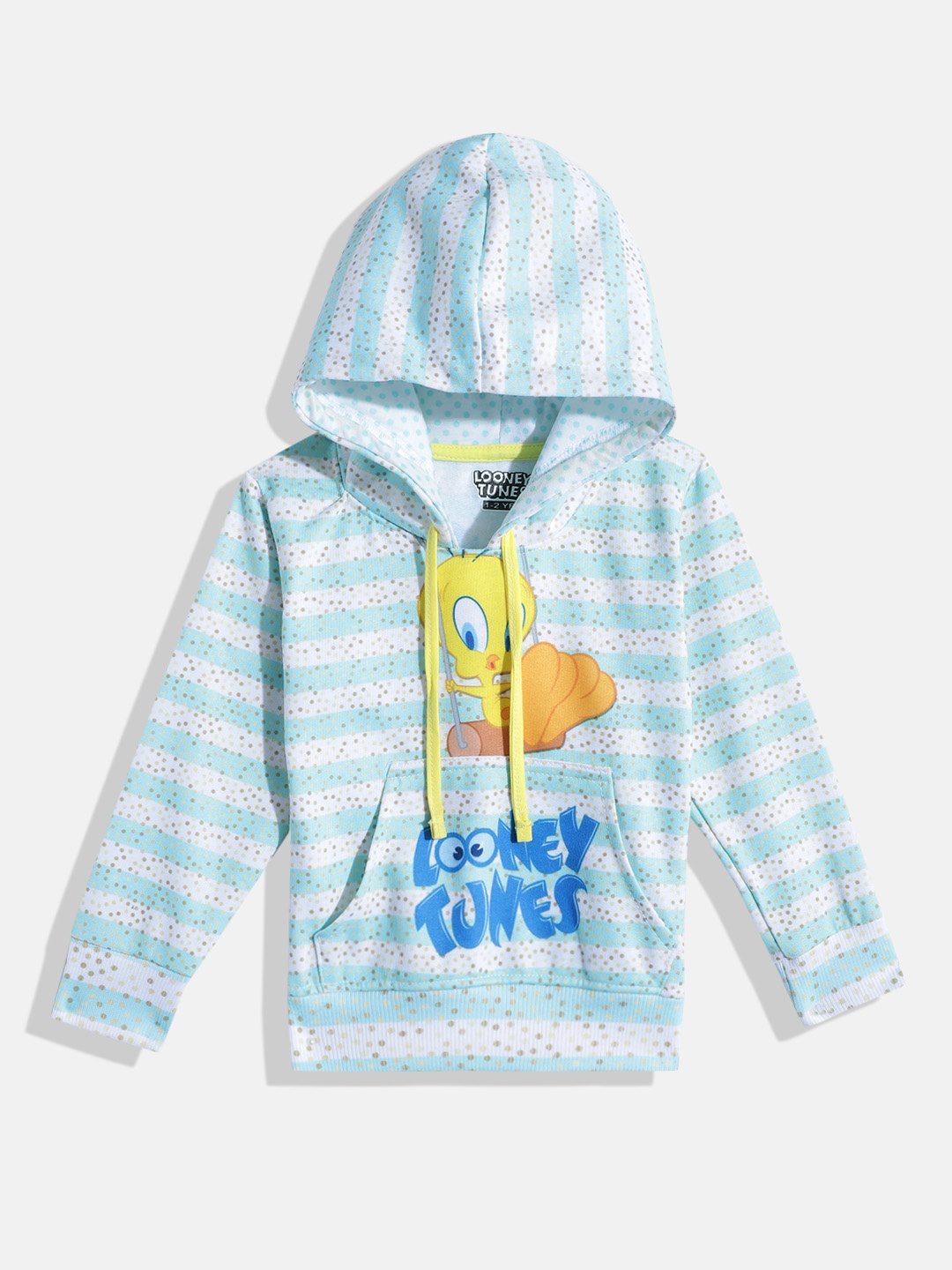 

Eteenz Girls Tweety Print Striped Cotton Hooded Sweatshirt, Green