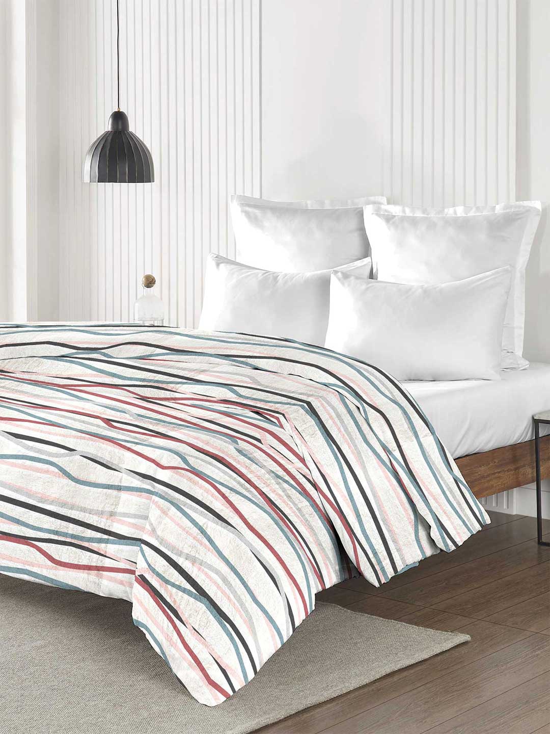 

MYTRIDENT Edward White & Grey Striped Microfiber Mild Winter Single Bed Blanket