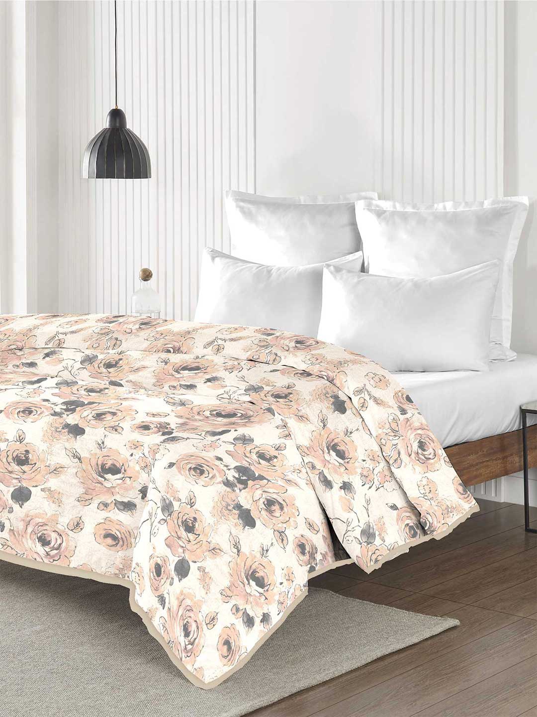 

MYTRIDENT Alina Cream-Coloured & Peach-Coloured Floral Mild Winter Double Bed Blanket
