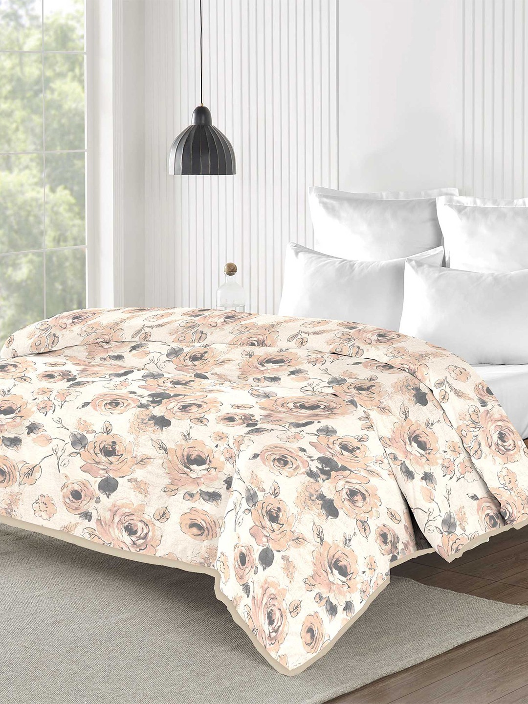 

MYTRIDENT Alina Cream-Coloured & Peach-Coloured Floral Mild Winter Single Bed Blanket