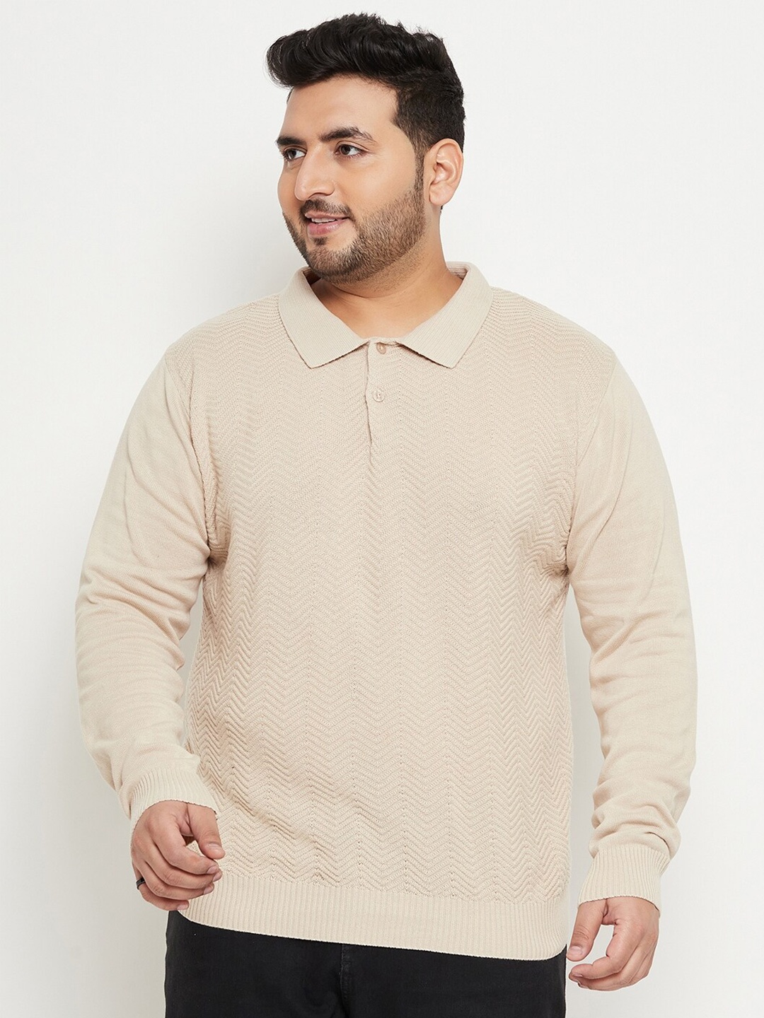 

Club York Plus Size Self Design Polo Collar Pullover Sweater, Khaki