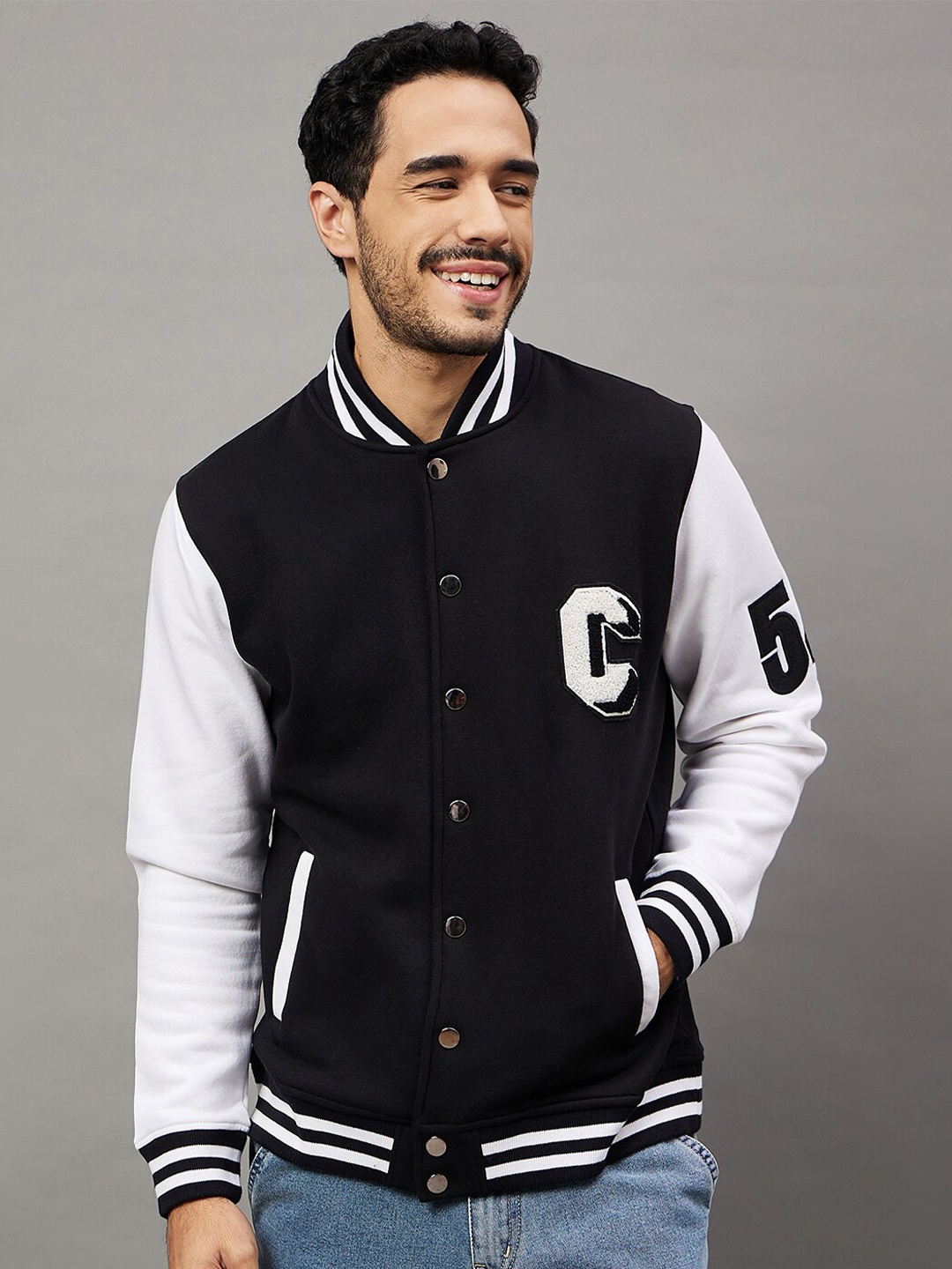 

Club York Typography Printed Fleece Varsity Jacket, Black