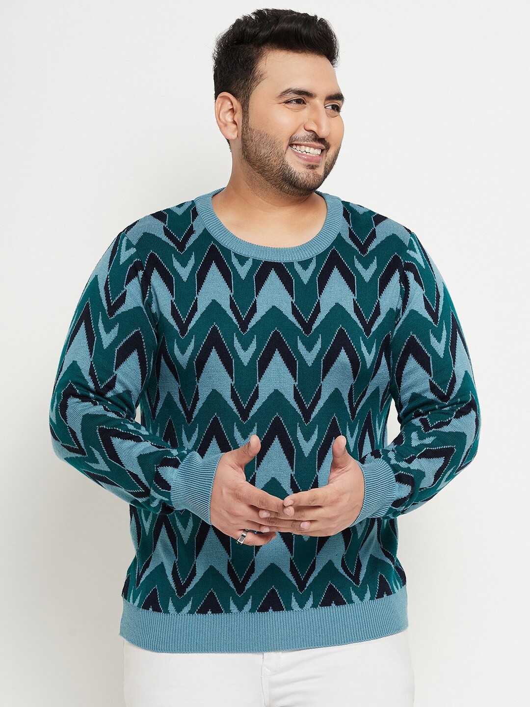 

Club York Plus Size Chevron Printed Cotton Pullover, Green