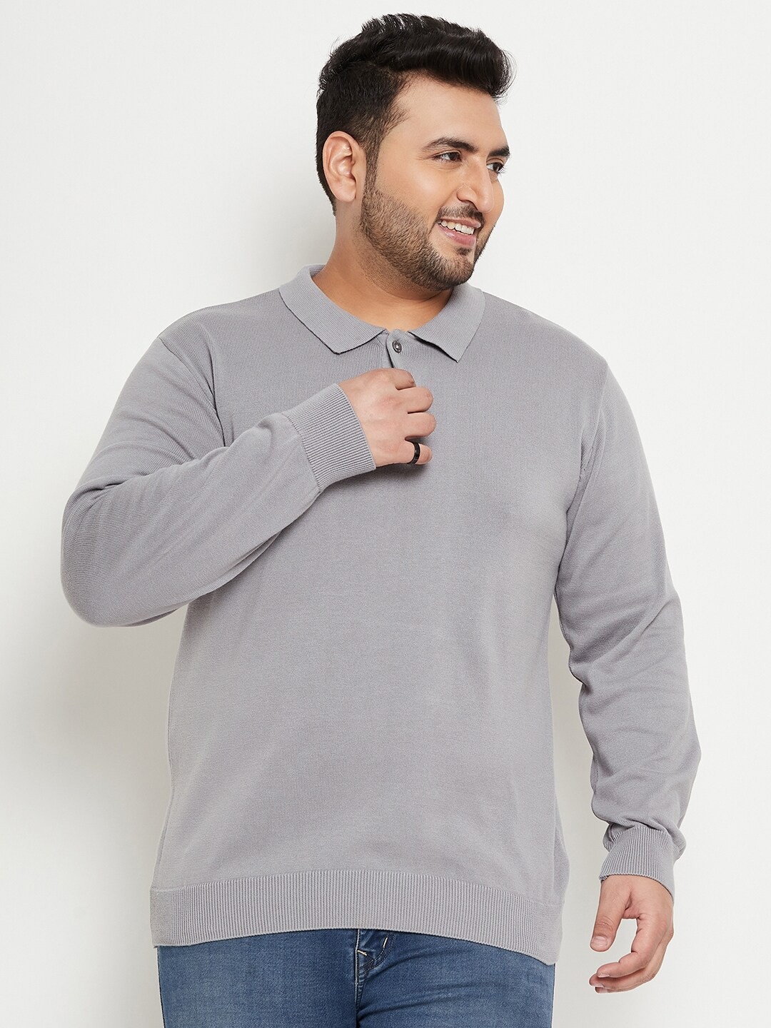 

Club York Plus Size Polo Collar Cotton Pullover Sweater, Grey