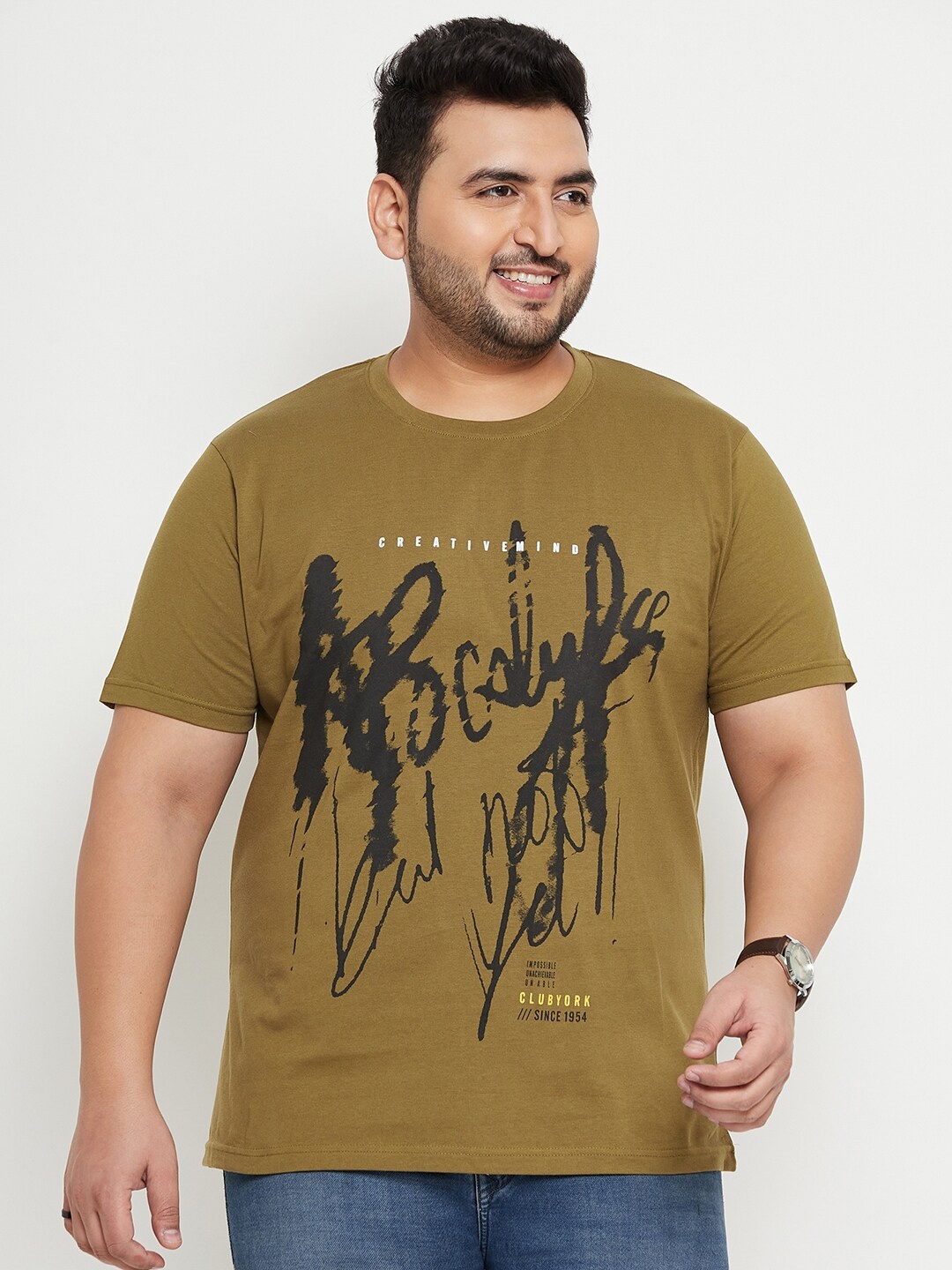 

Club York Plus Size Typography Printed Cotton T-shirt, Olive