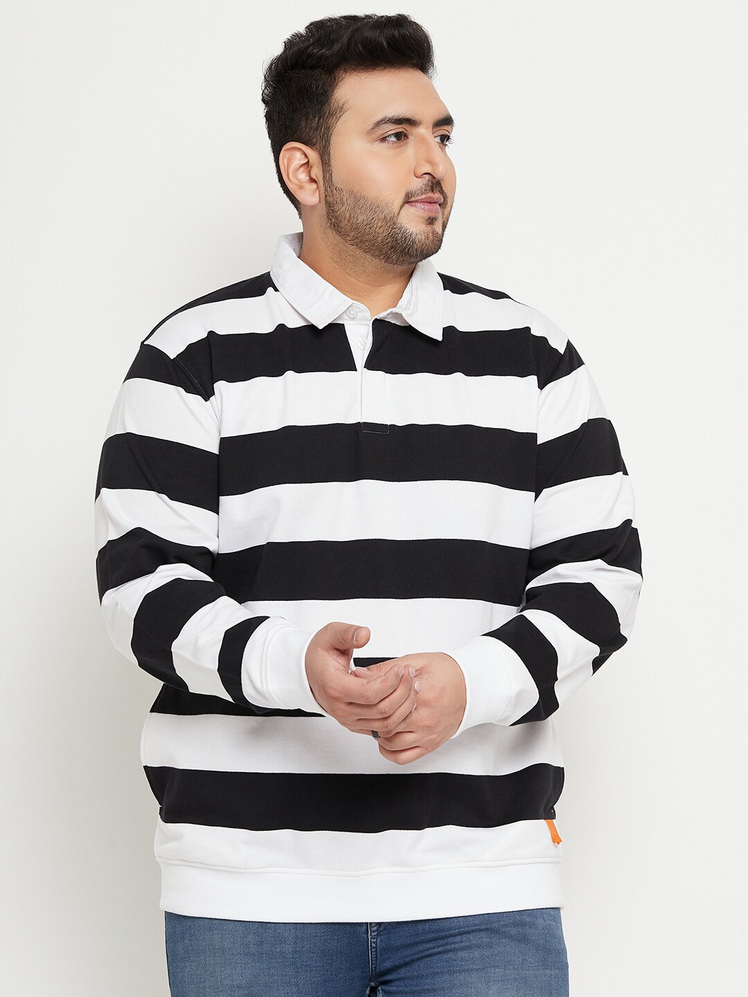 

Club York Plus Size Striped Shirt Collar Terry Cotton Pullover Sweatshirt, White