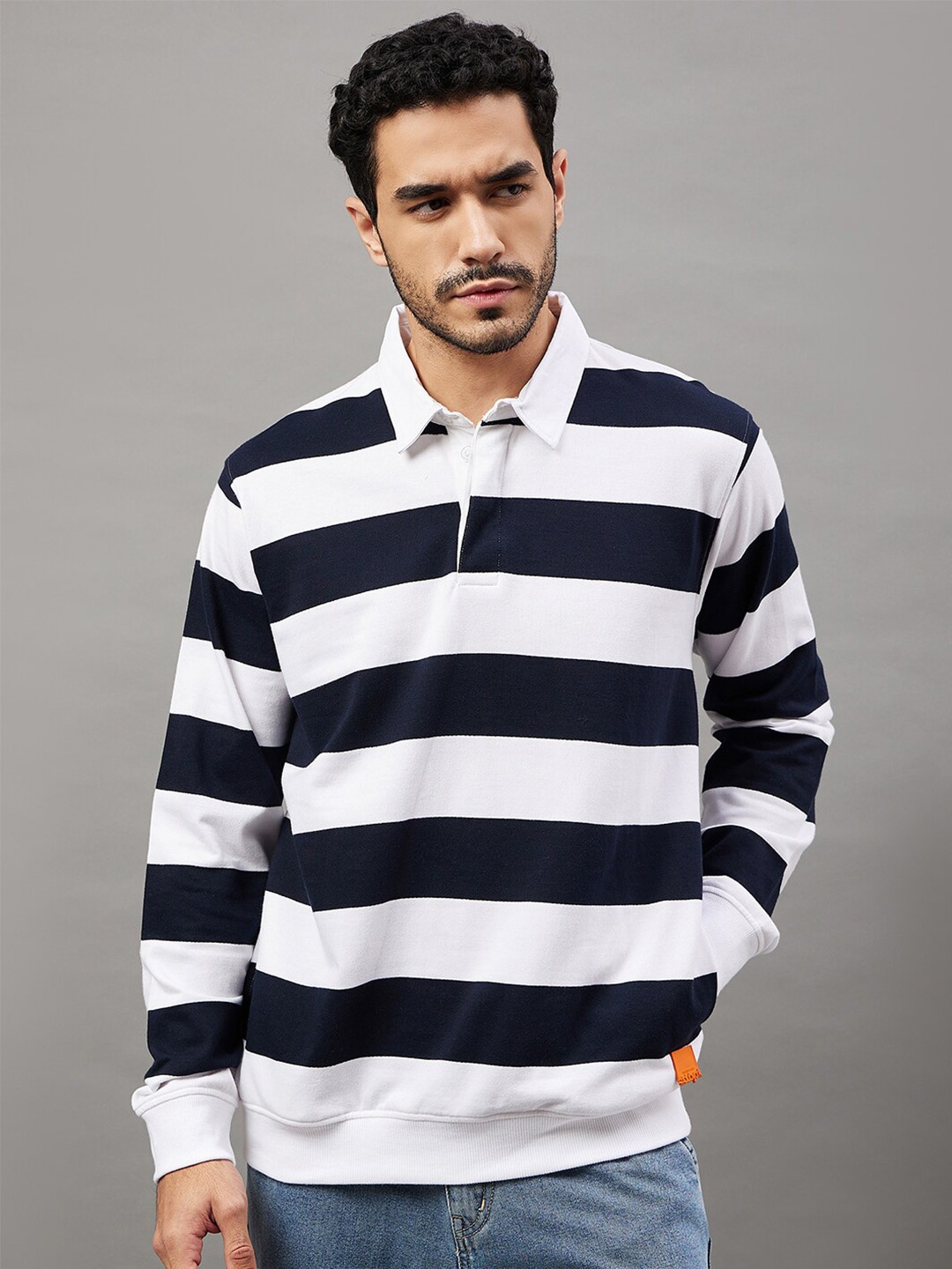 

Club York Striped Shirt Collar Terry Cotton Pullover Sweatshirt, Navy blue