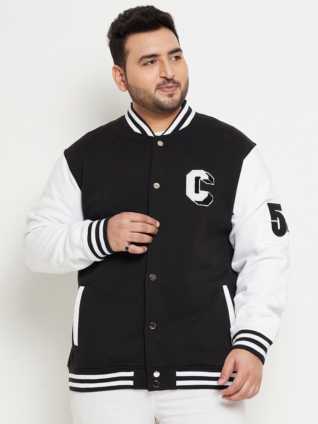 

Club York Plus Size Typography Printed Fleece Varsity Jacket, Black