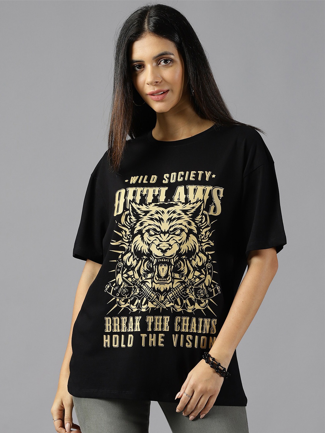 

The Roadster Lifestyle Co. Black Typography Printed Pure Cotton Oversized T-Shirt