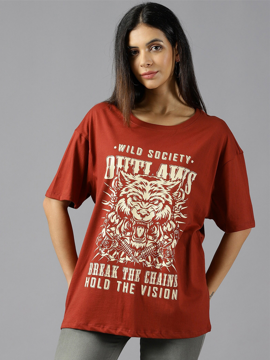 

Roadster Typography Printed Pure Cotton Oversized T-Shirt, Rust
