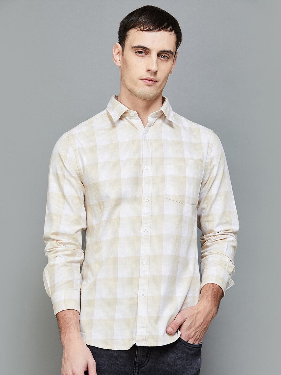 

Fame Forever by Lifestyle Tartan Checked Pure Cotton Casual Shirt, Off white
