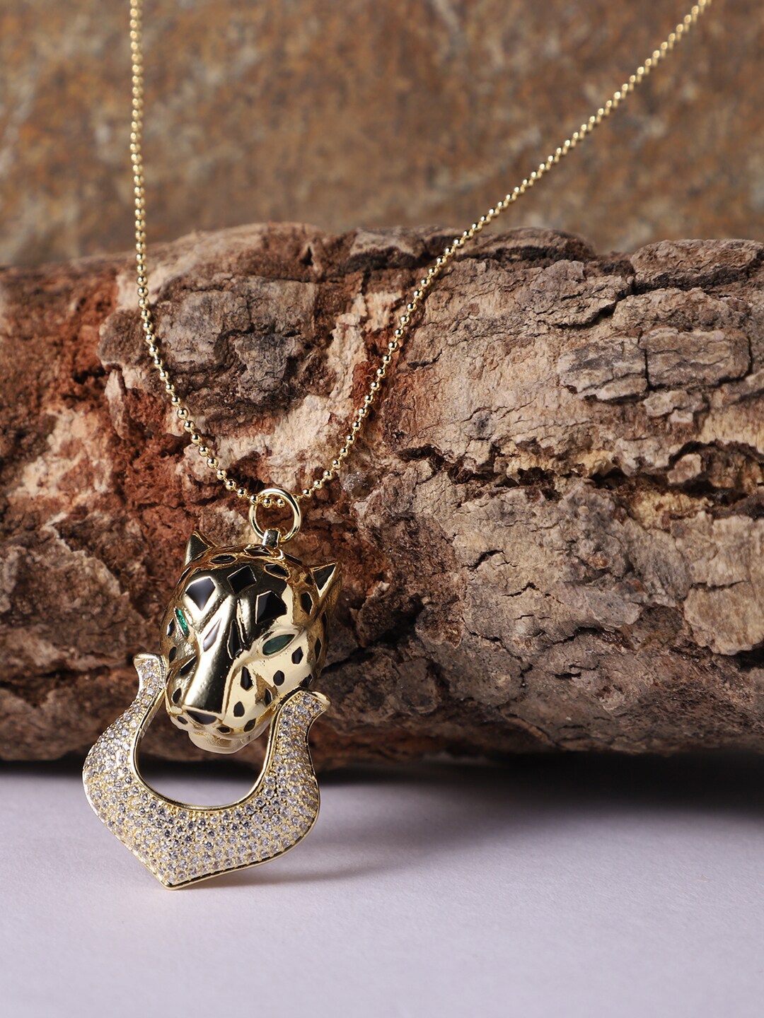 

PATOLA BY VJ Jaguar Animal-Shaped Stones & Beads Pendant With Chain, Gold