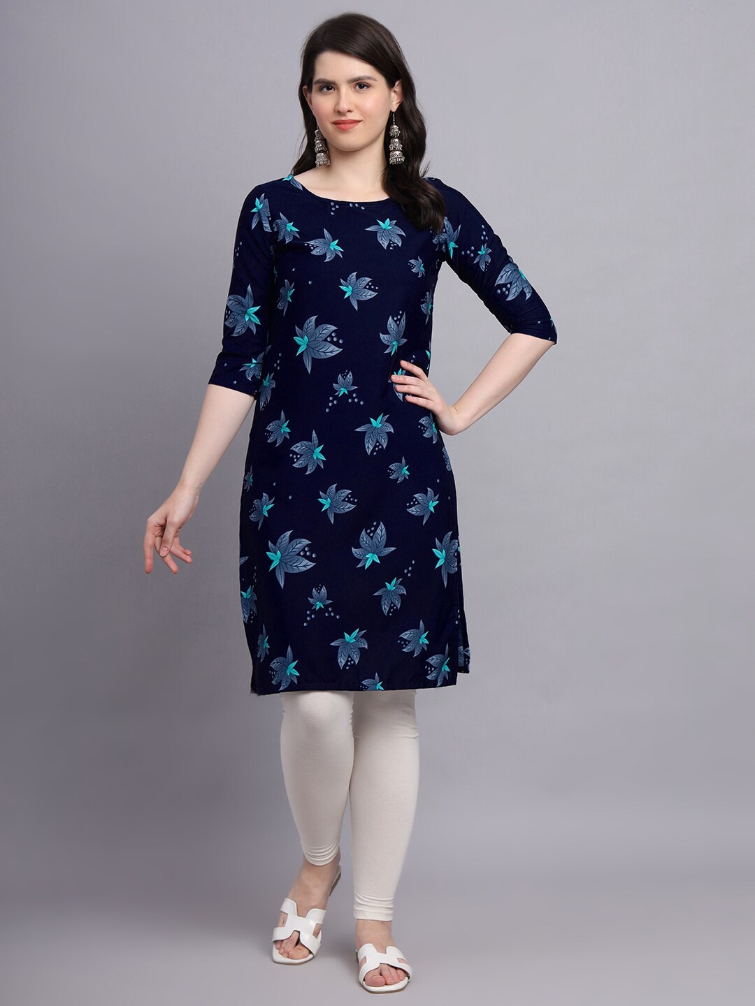 

BAESD Floral Printed Round-Neck Straight Kurta, Navy blue