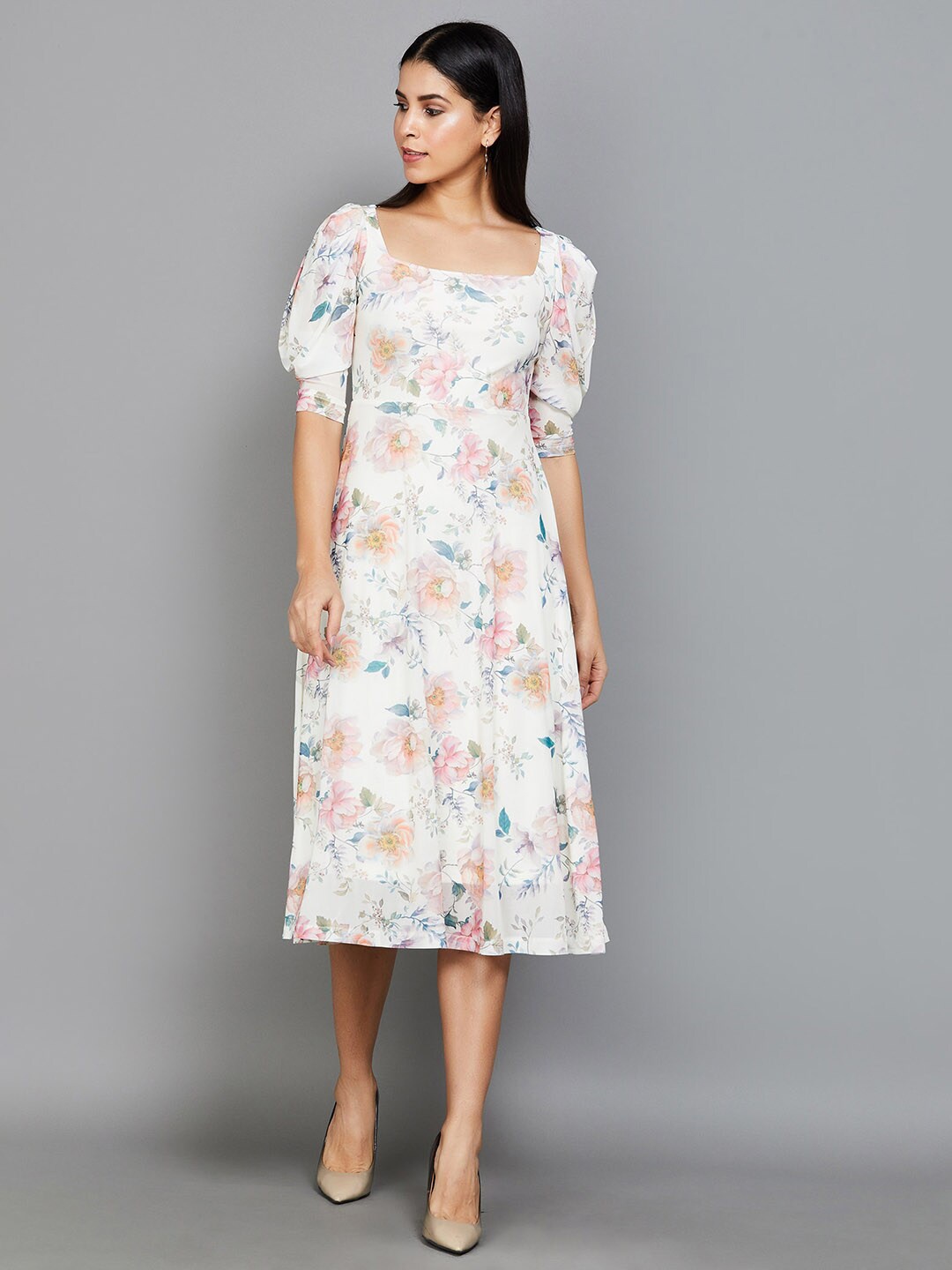 

CODE by Lifestyle Floral Printed Square Neck Puff Sleeves Fit & Flare Dress, Off white