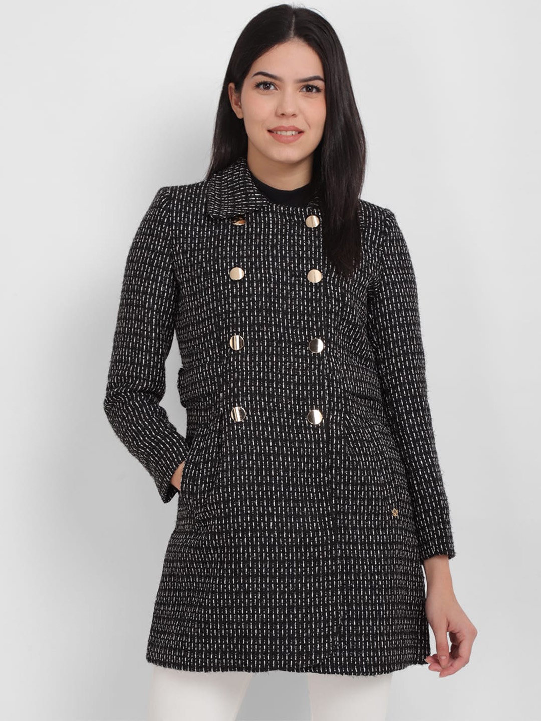 

Allen Solly Woman Striped Spread Collar Longline Open Front Jacket, Black