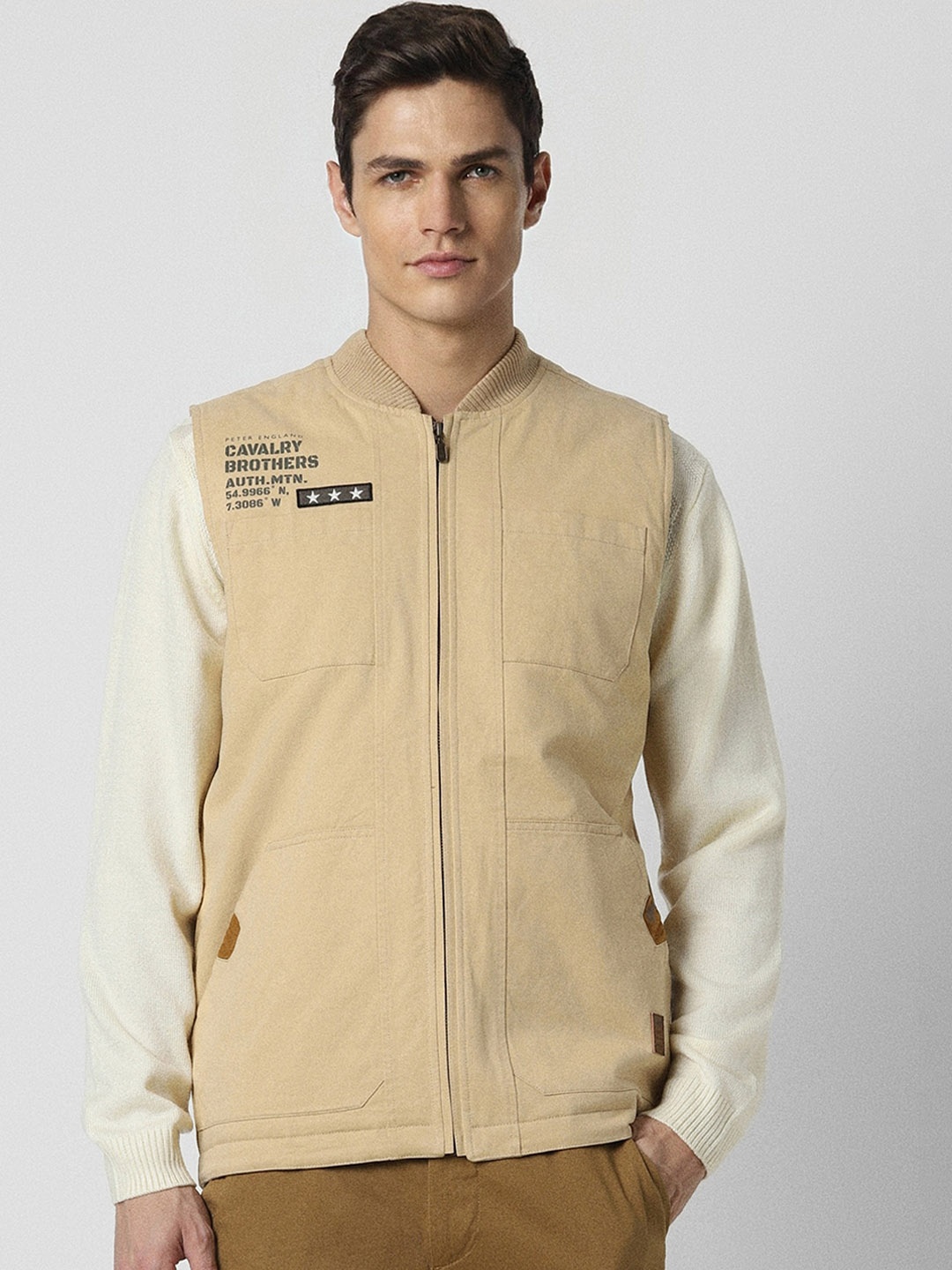 

Peter England Casuals Stand Collar Bomber Jacket, Beige