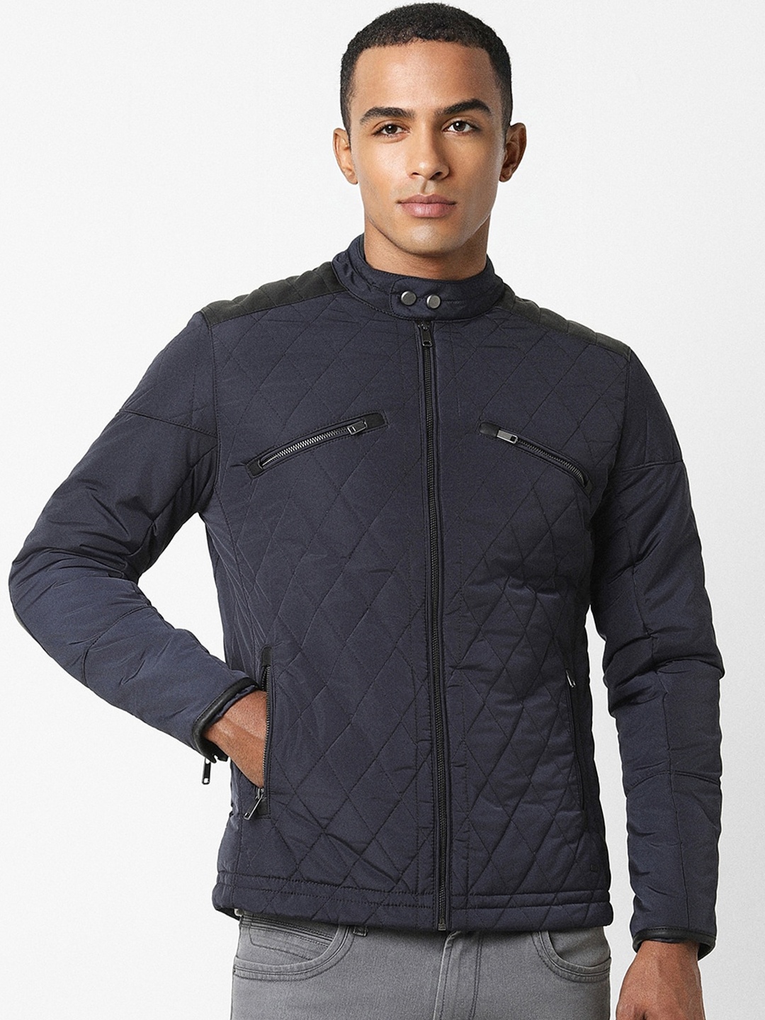 

Peter England Casuals Stand Collar Quilted Jacket, Navy blue