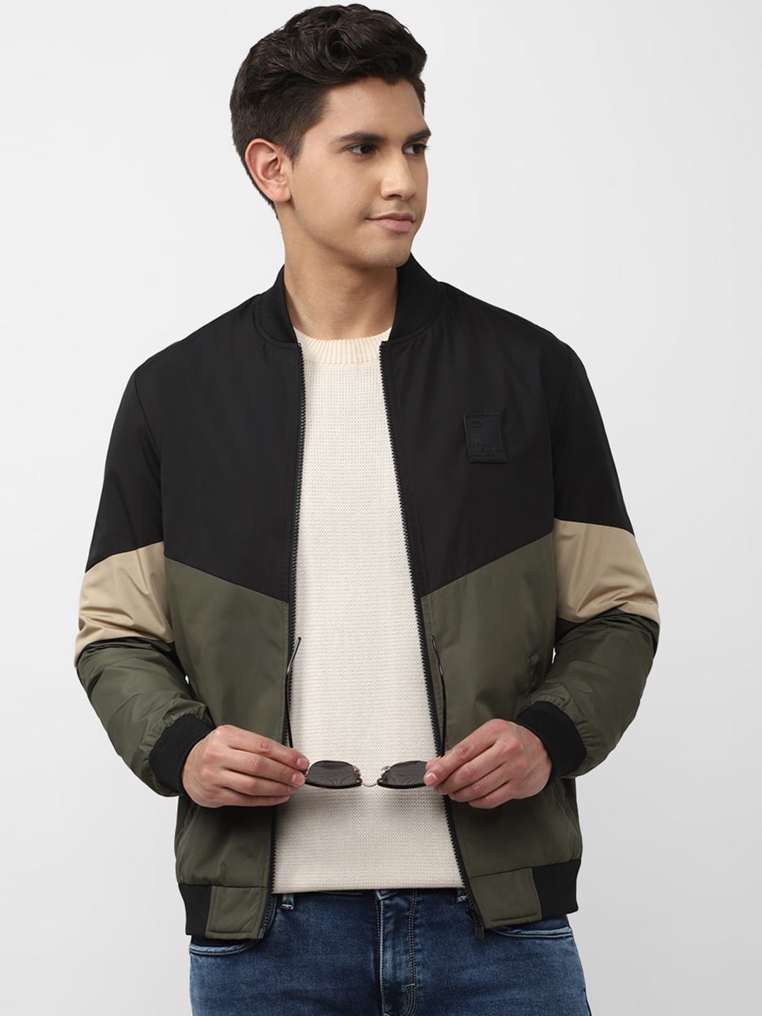 

Peter England Casuals Colourblocked Mock Collar Bomber Jacket, Black