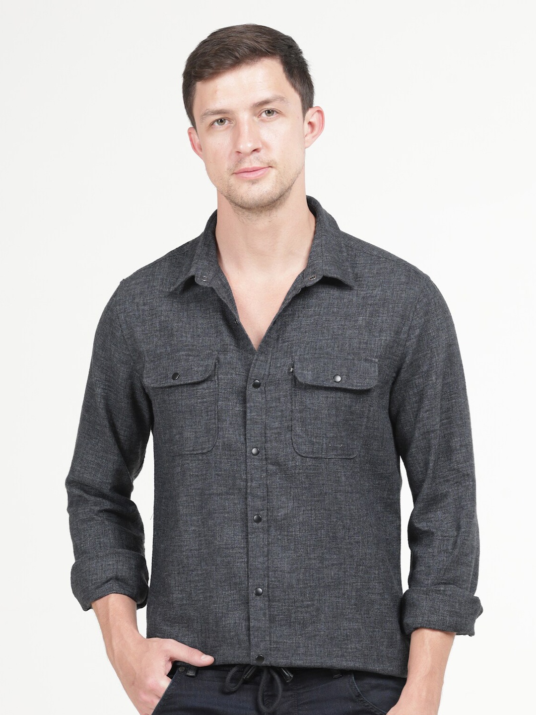 

POE Spread Collar Smart Slim Fit Cotton Casual Shirt, Grey