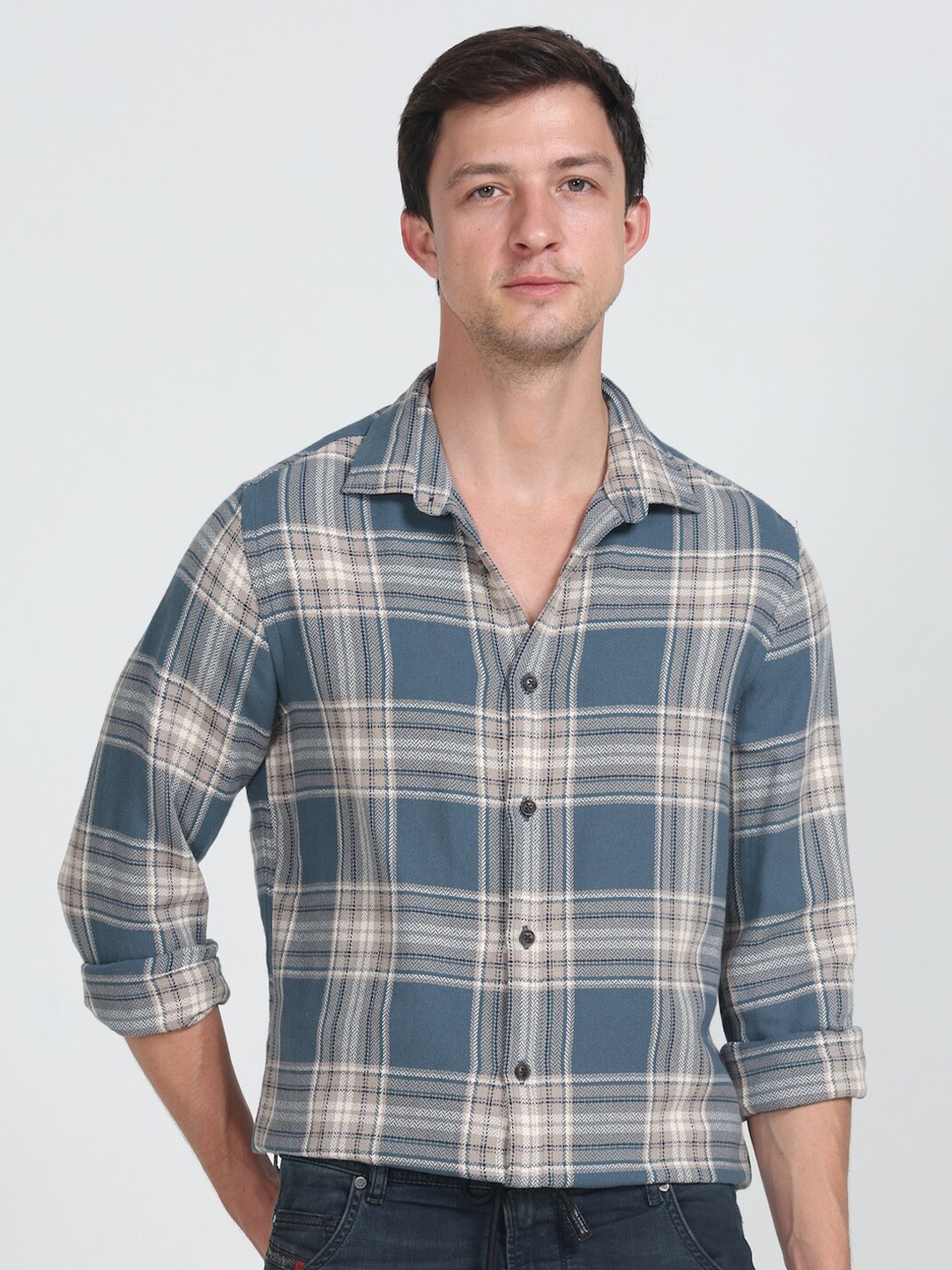 

POE Smart Slim Fit Tartan Checked Pure Cotton Casual Shirt, Blue