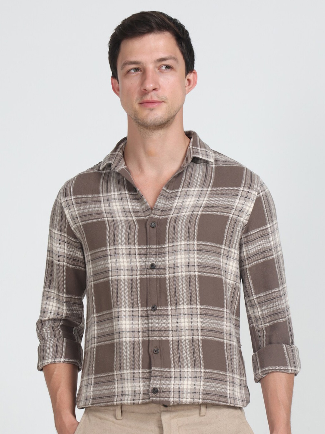 

POE Smart Slim Fit Tartan Checked Pure Cotton Casual Shirt, Brown