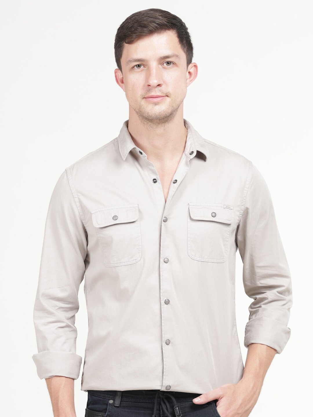 

POE Spread Collar Smart Slim Fit Cotton Casual Shirt, Grey