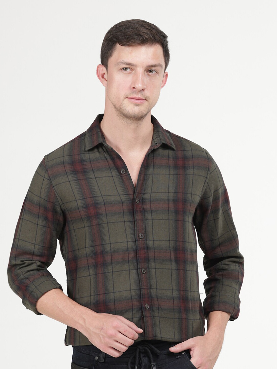 

POE Tartan Checked Smart Slim Fit Cotton Casual Shirt, Olive