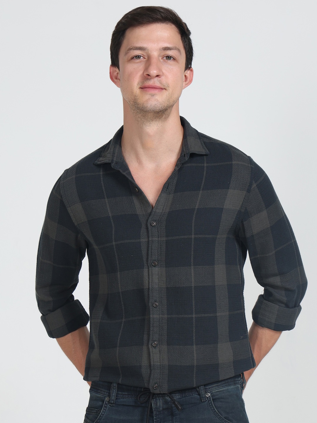 

POE Smart Slim Fit Windowpane Checks Cotton Casual Shirt, Green