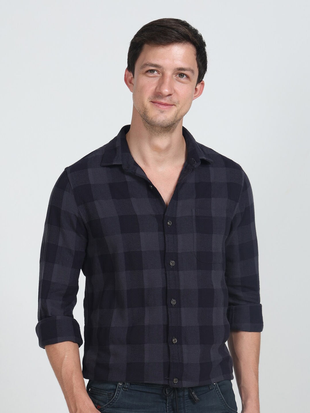 

POE Smart Slim Fit Tartan Checked Pure Cotton Casual Shirt, Grey