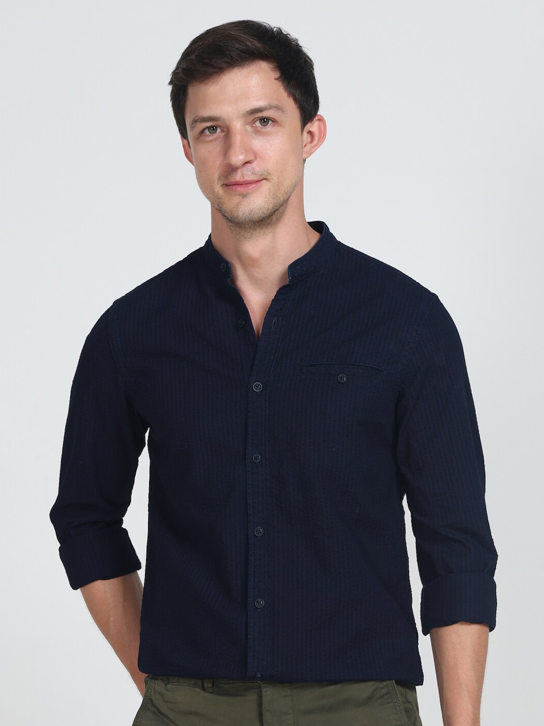 

POE Smart Slim Fit Band Collar Cotton Casual Shirt, Navy blue