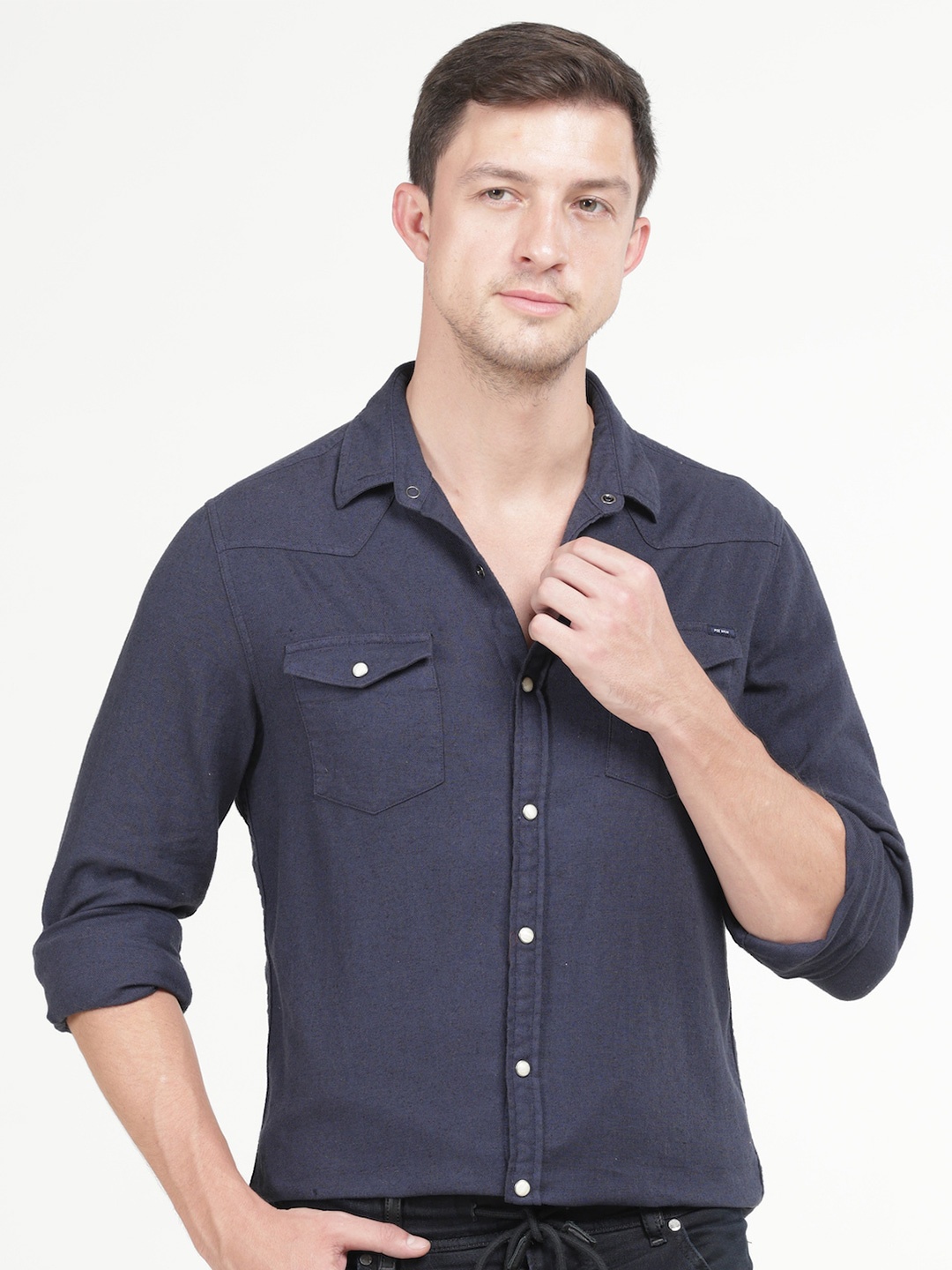 

POE Smart Slim Fit Spread Collar Linen Cotton Shirt, Navy blue