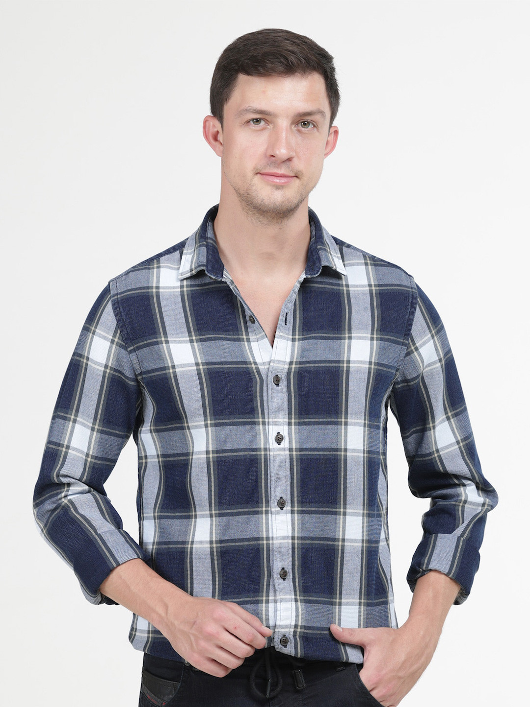 

POE Smart Slim Fit Tartan Checks Cotton Casual Shirt, Navy blue