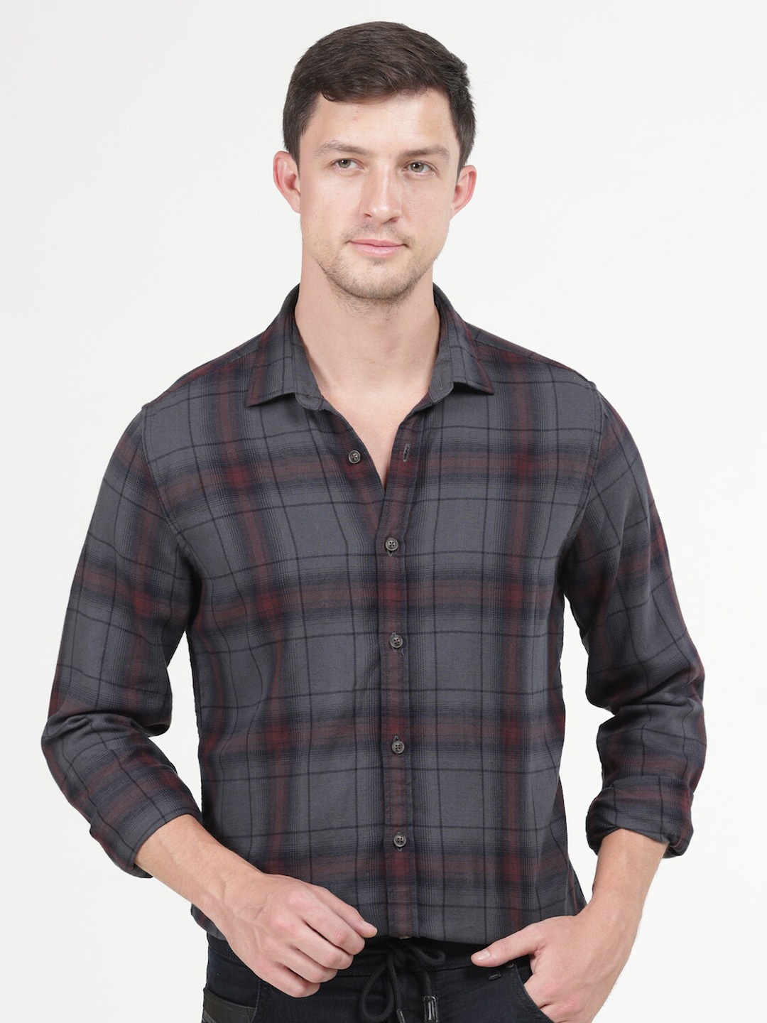 

POE Smart Slim Fit Tartan Checked Pure Cotton Casual Shirt, Grey