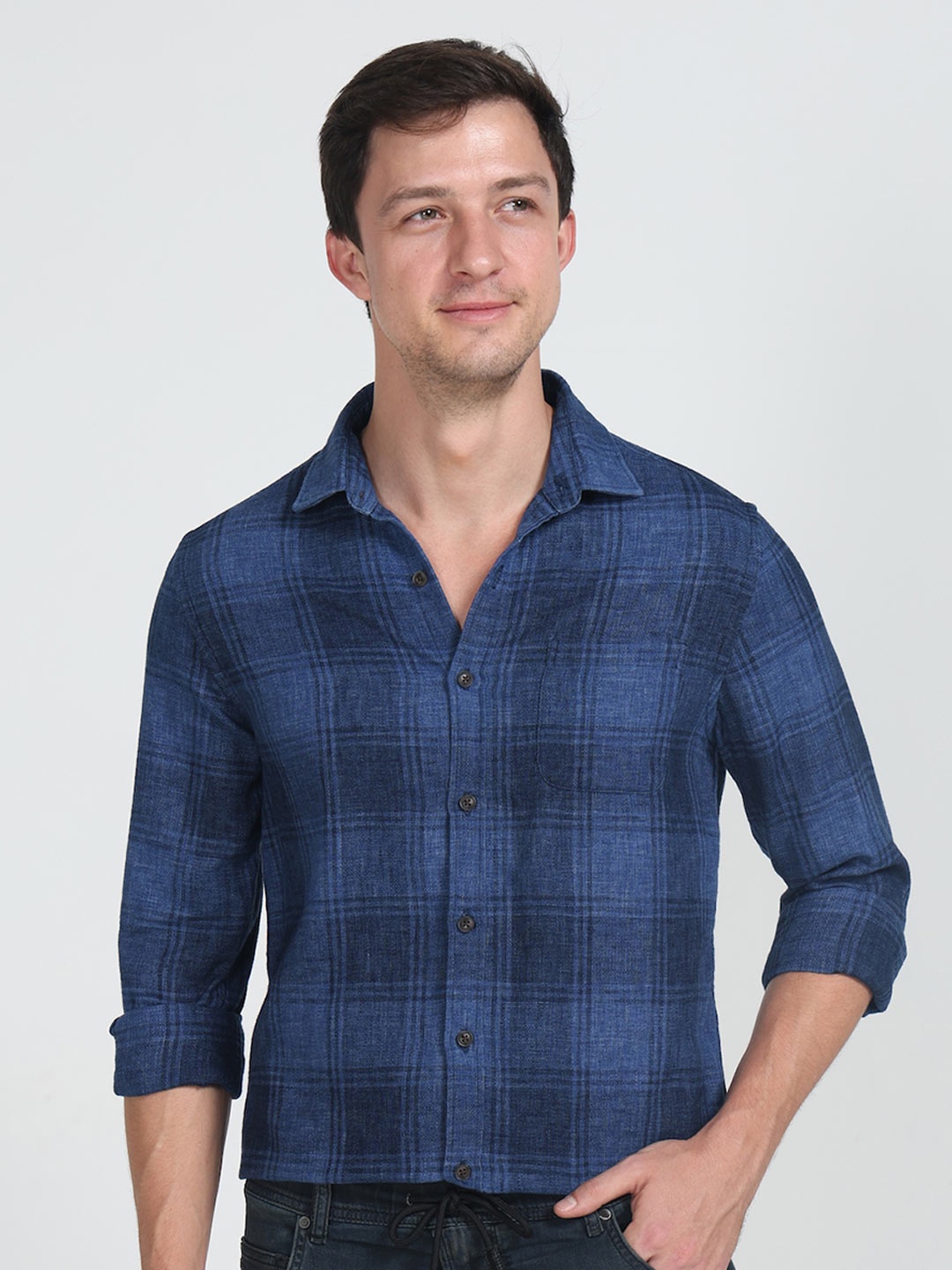 

POE Tartan Checked Smart Slim Fit Cotton Casual Shirt, Blue