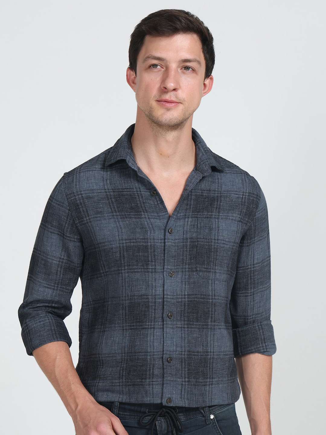

POE Smart Slim Fit Checked Pure Cotton Casual Shirt, Grey