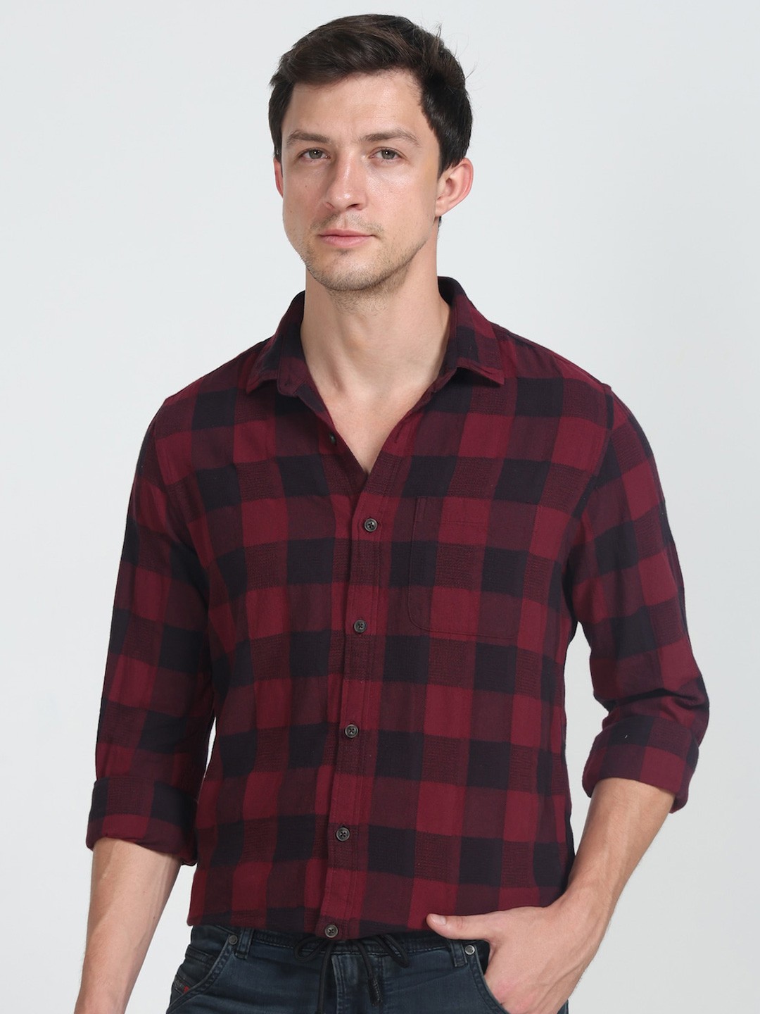 

POE Smart Slim Fit Buffalo Checked Pure Cotton Casual Shirt, Maroon