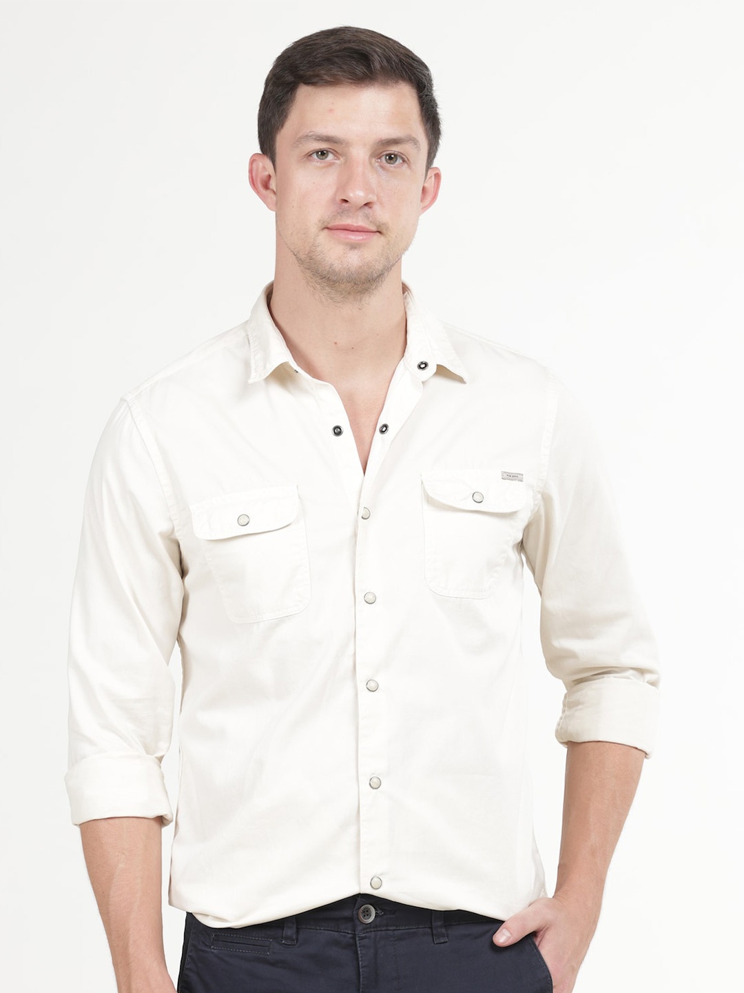 

POE Spread Collar Smart Slim Fit Cotton Casual Shirt, Off white