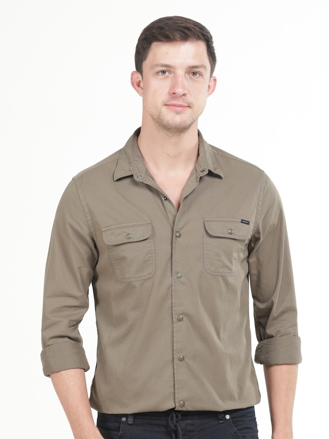 

POE Smart Slim Fit Spread Collar Pure Cotton Shirt, Olive