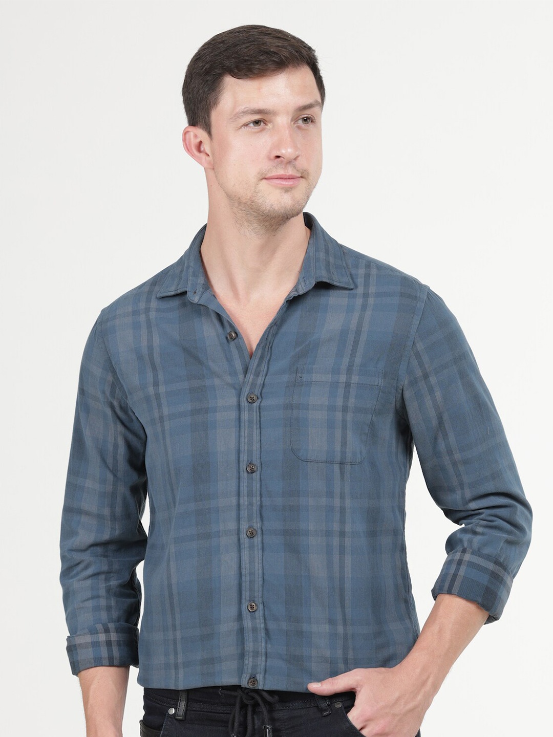 

POE Tartan Checked Smart Slim Fit Cotton Casual Shirt, Blue