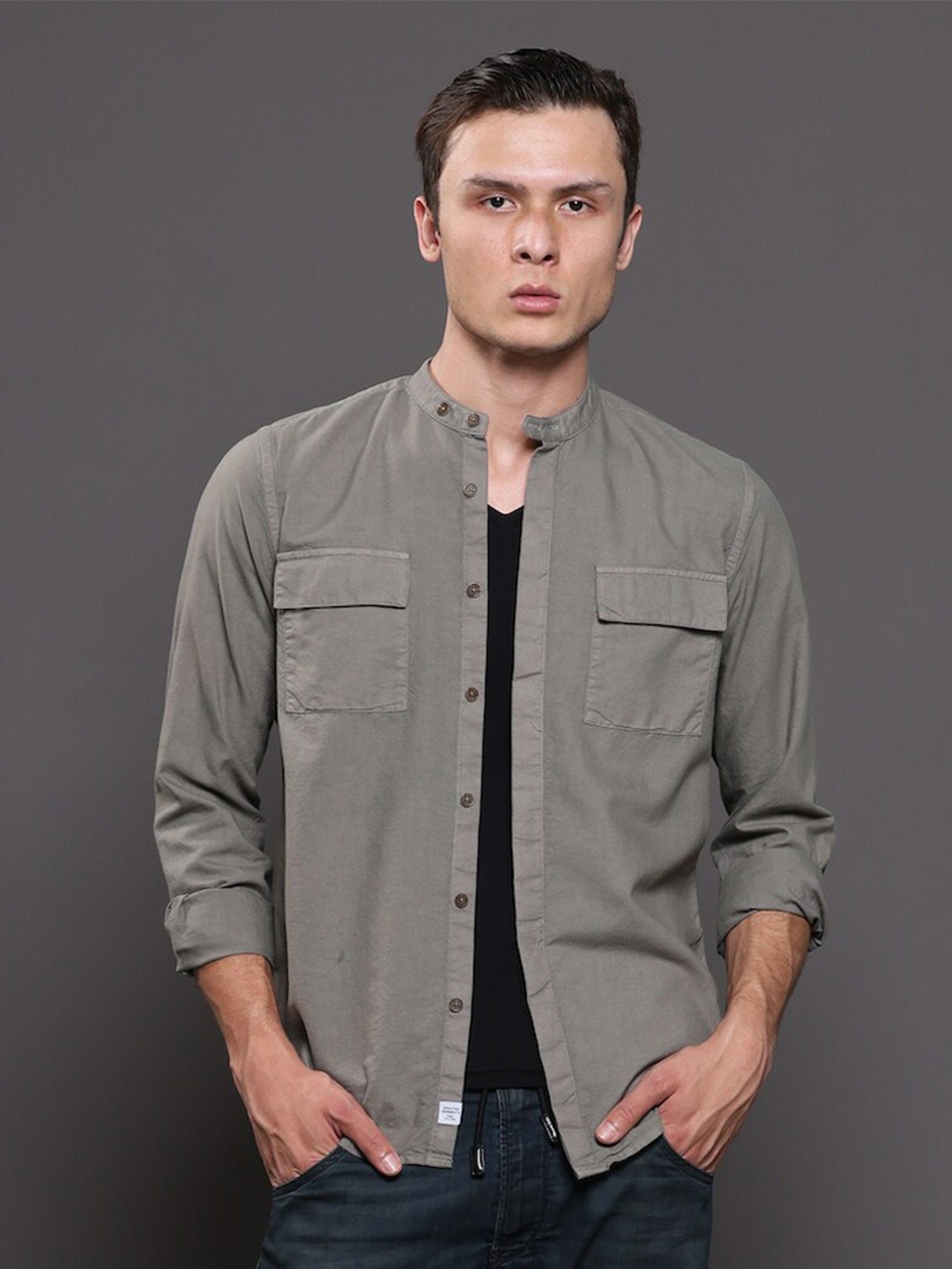 

POE Smart Slim Fit Mandarin Collar Pure Cotton Casual Shirt, Olive