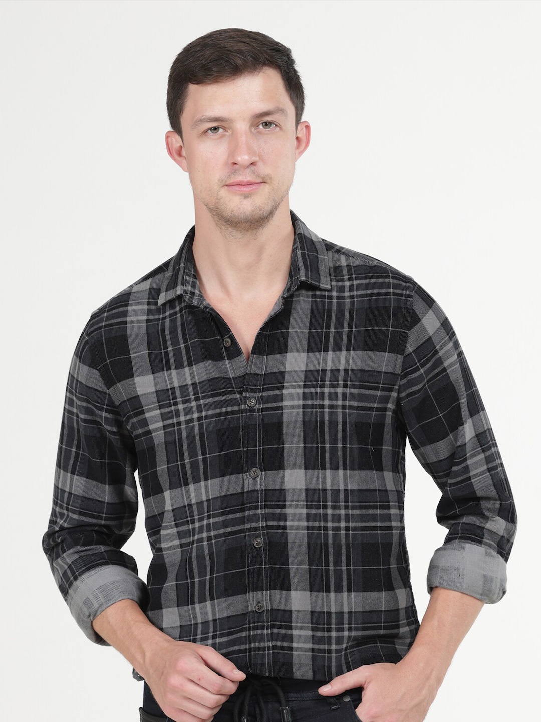 

POE Smart Slim Fit Tartan Checks Cotton Casual Shirt, Grey