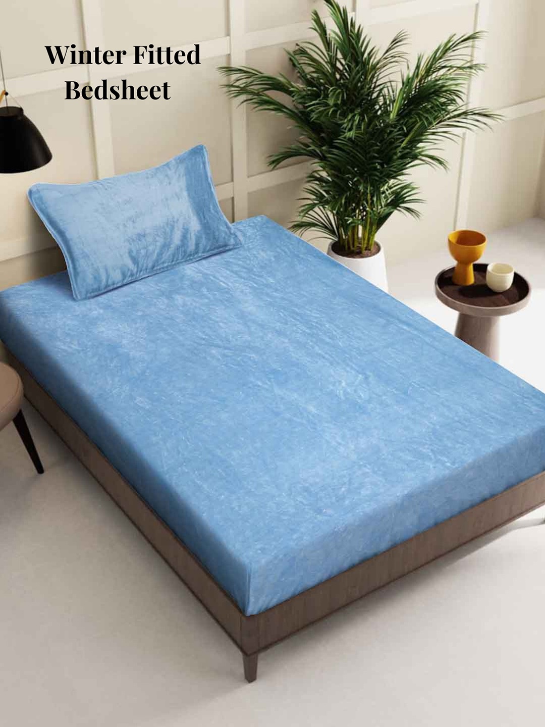 

Arrabi 300 TC Single Fitted Woollen Bedsheet with 1 Pillow Cover, Blue