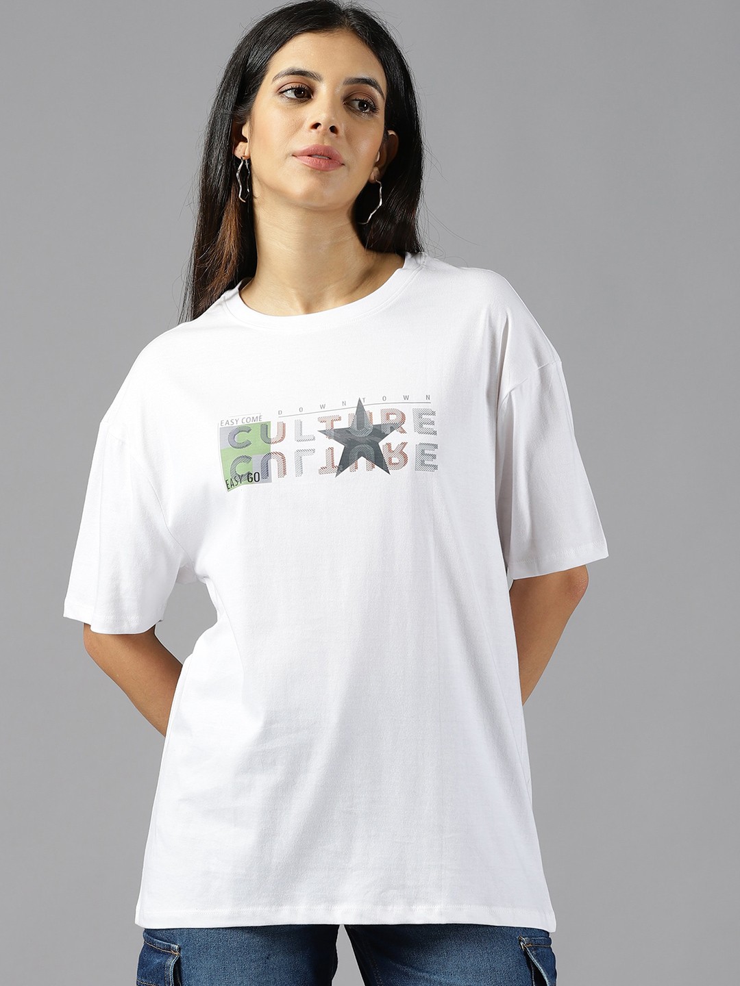 

The Roadster Lifestyle Co. White Printed Pure Cotton Oversized T-Shirt