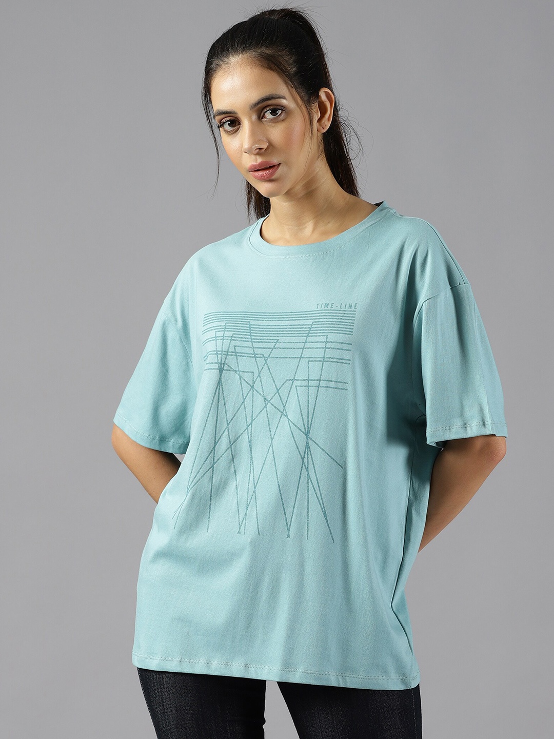 

The Roadster Lifestyle Co. Sea Green Printed Pure Cotton Oversized T-Shirt