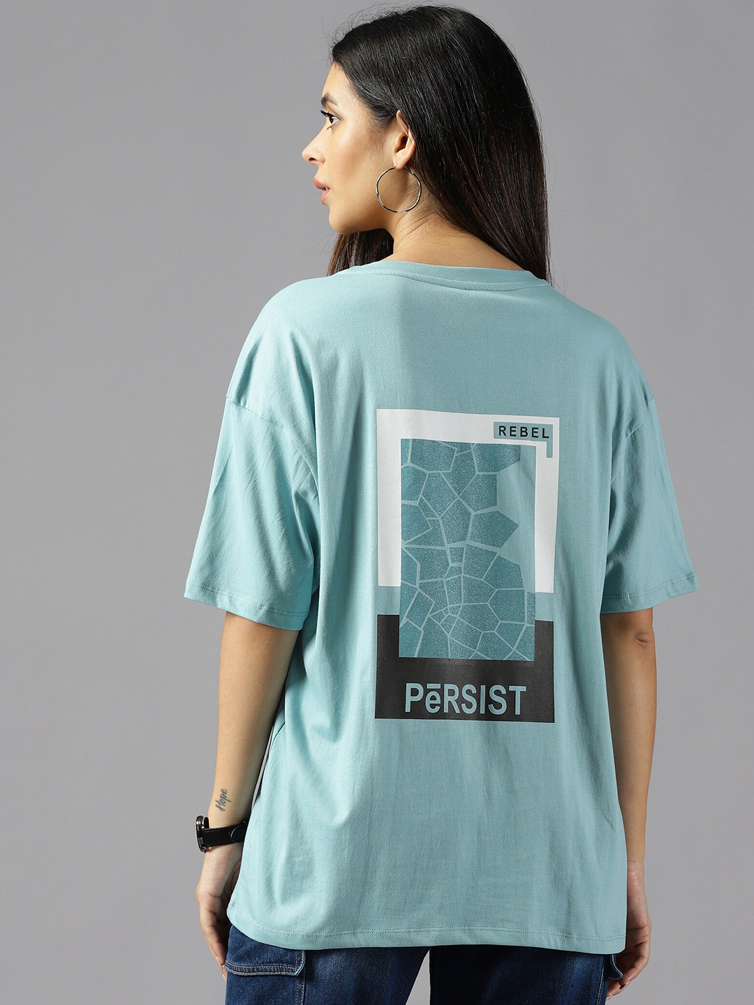 

Roadster Geometric Printed Oversized Pure Cotton T-Shirt, Sea green