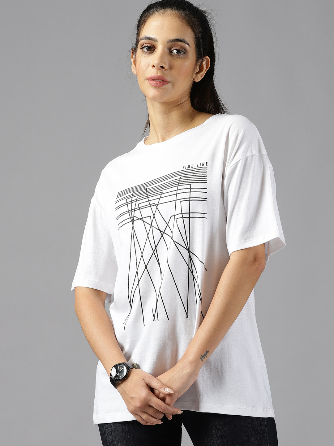 

Roadster White Geometric Printed Oversized Pure Cotton T-Shirt