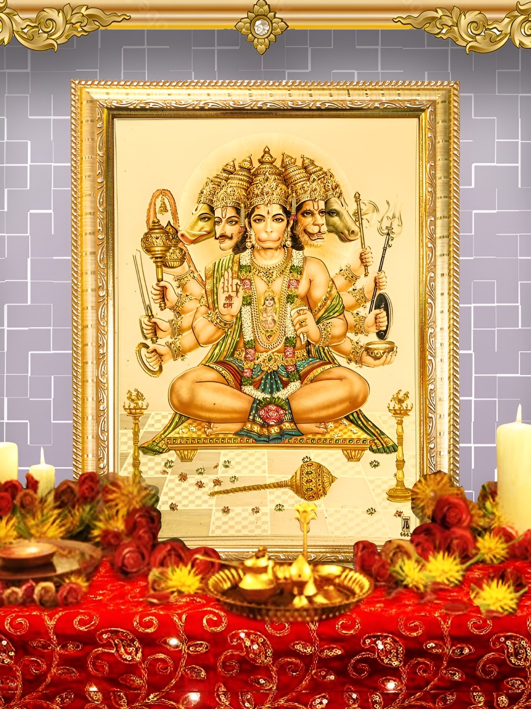 

Hawai Gold-Toned & Green Pancha Mukhi Hanuman Ji Gold Plated Wooden Wall Photo Frame