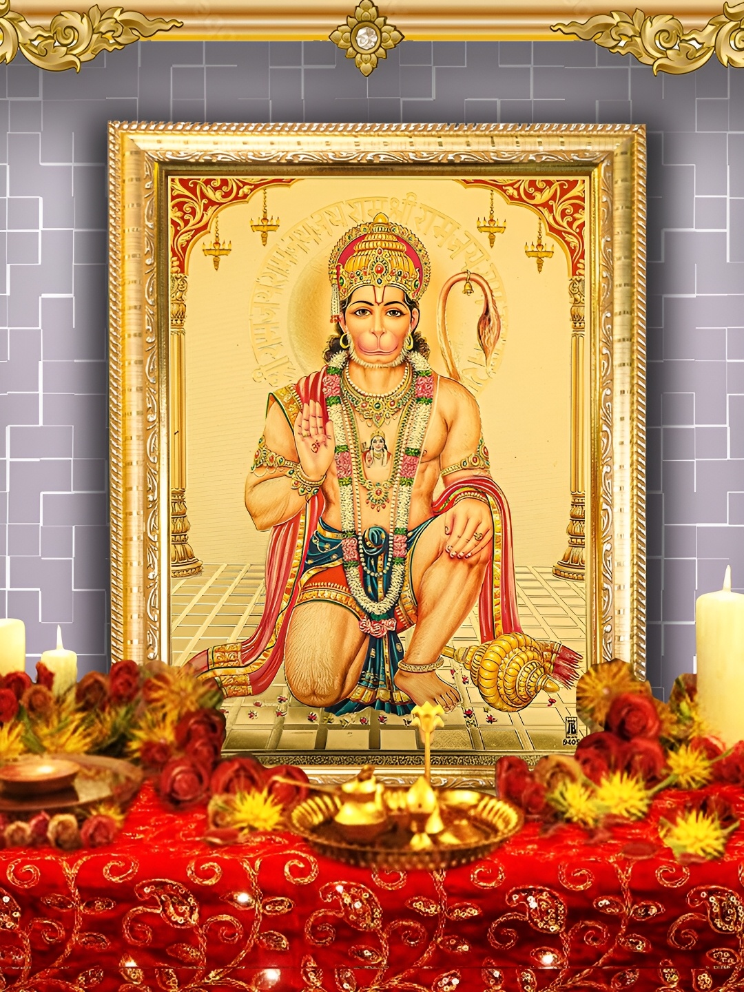 

Hawai Gold-Toned & Red Hanuman Ashirwad Gold Plated Wooden Wall Photo Frame
